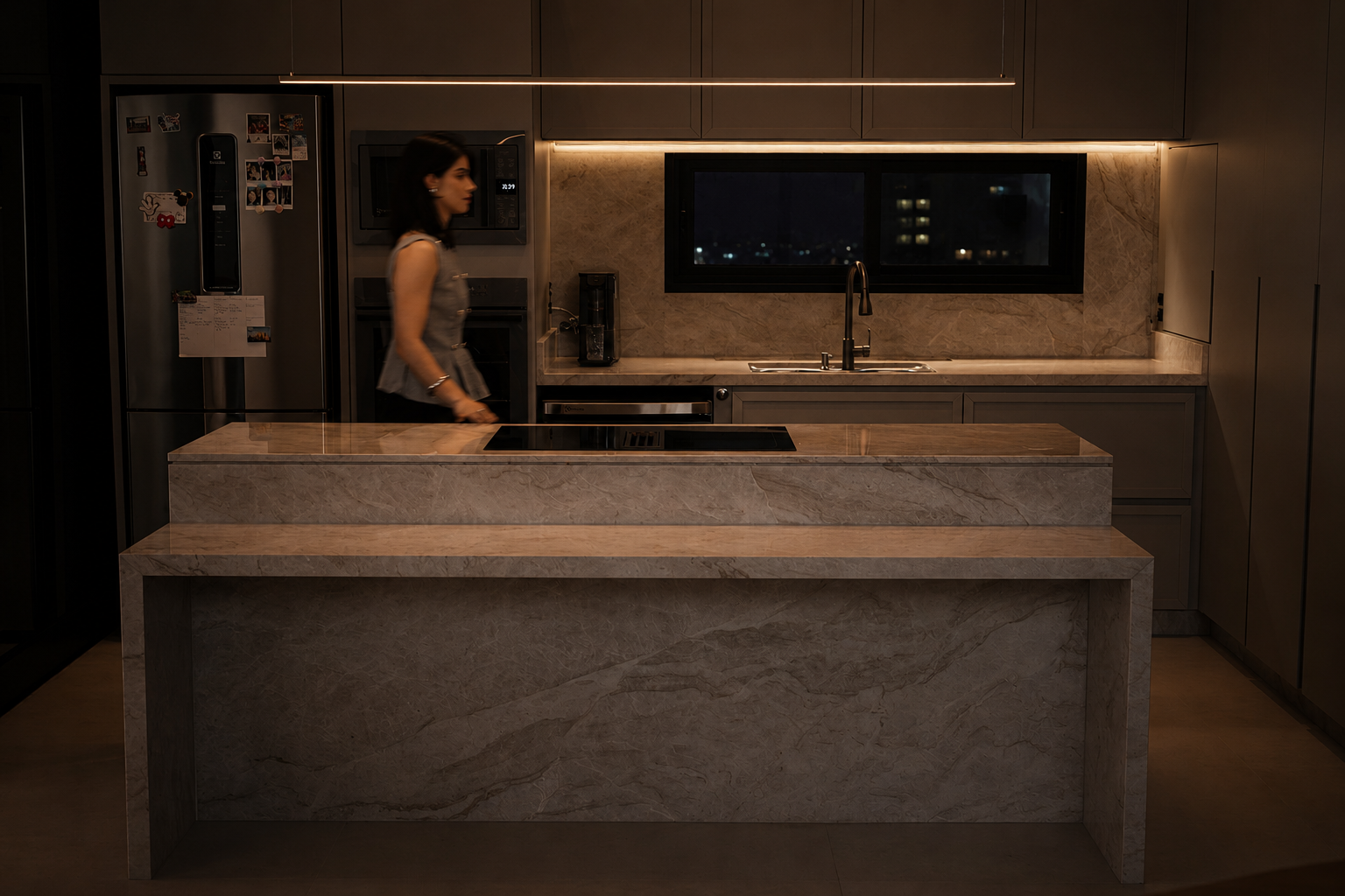 Cozinha gourmet com ilha em mármore — Design Marmoraria Tubarão